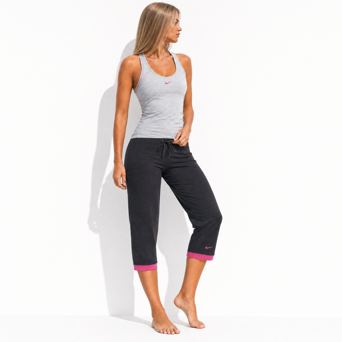 Nike Y2K Grey Pink Capri Set Early 2000s Y2K Athleisure