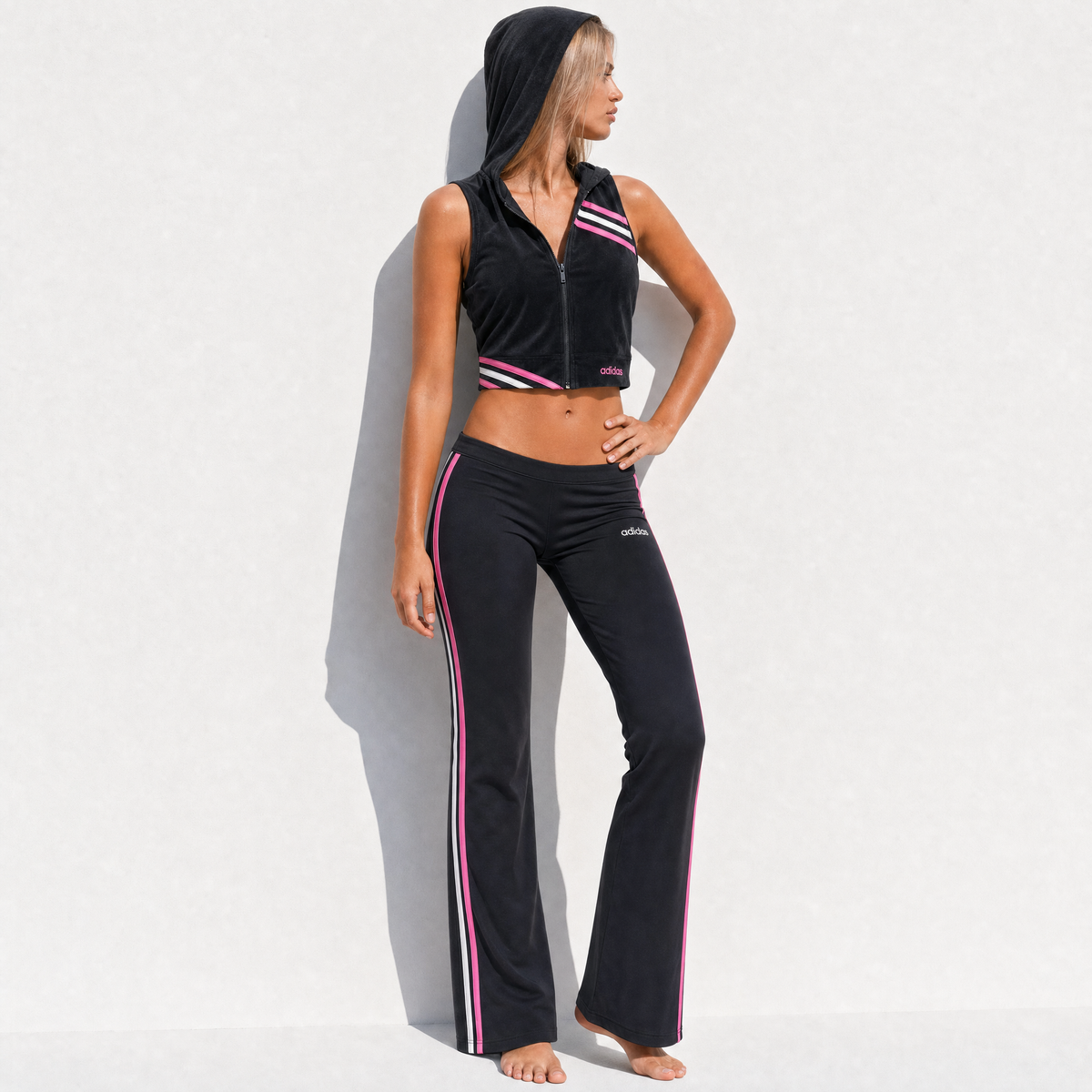 Adidas Y2K Black Pink Velour Top Flare Pant Set