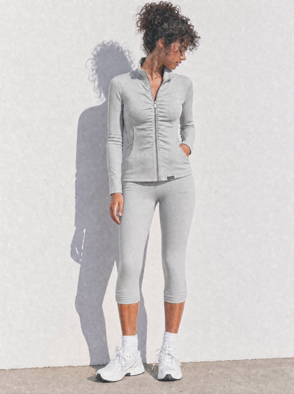 Vintage Bebe Gray Stripe Ruched Jacket + Capri Pant Set