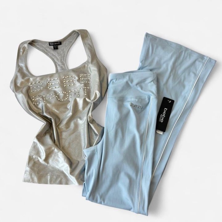 Vintage Y2K BEBE Sport Metallic Tank + Baby Blue Legging Set