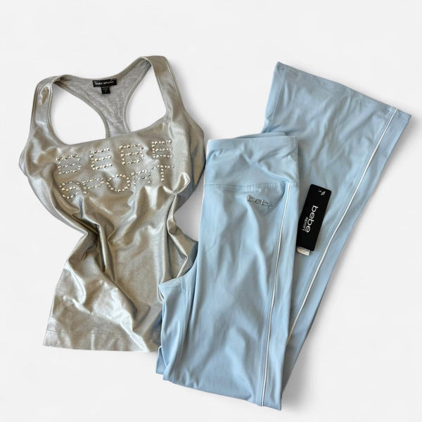 Vintage Y2K BEBE Sport Metallic Tank + Baby Blue Legging Set