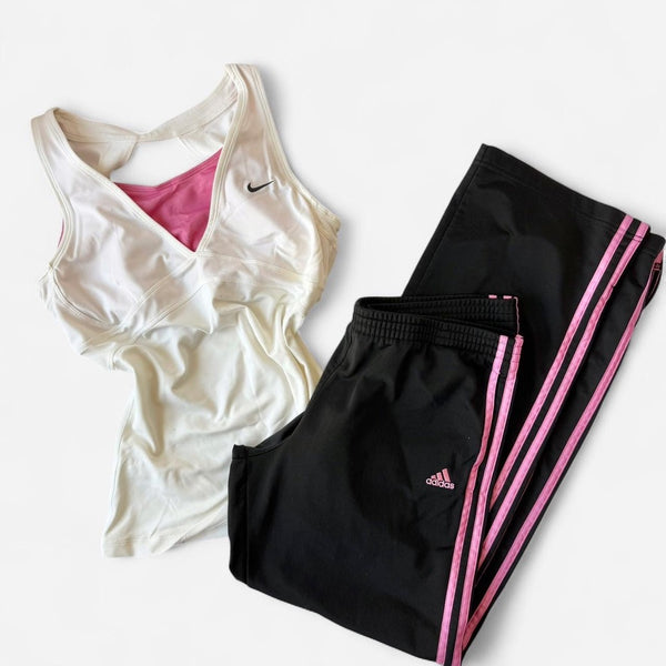 Nike x Adidas Y2K Black Pink Stripe Low Rise Wide Leg Set