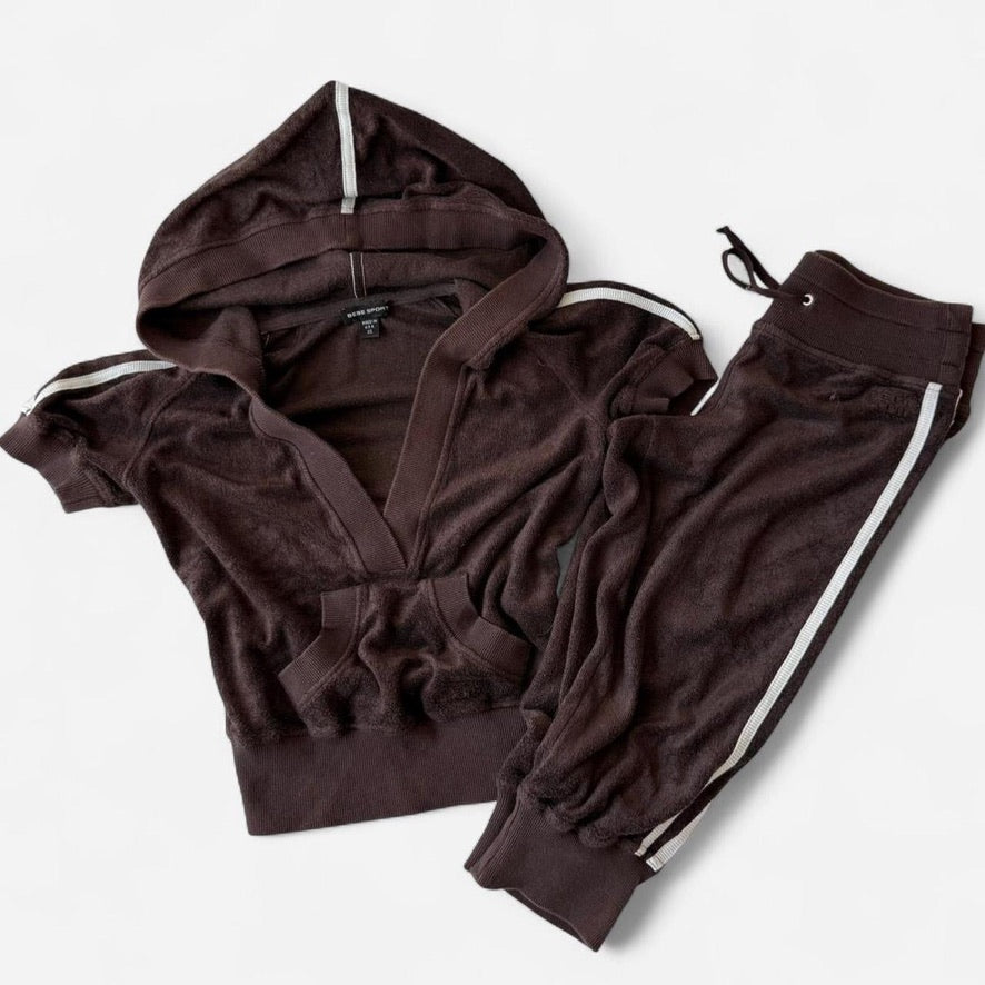 Vintage Y2K Bebe Sport Brown Velour V-Neck Crop & Capri Set