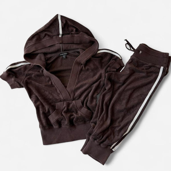 Vintage Y2K Bebe Sport Brown Velour V-Neck Crop & Capri Set