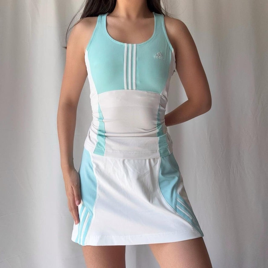 Adidas Vintage Y2K Aqua White Tennis Skirt Set