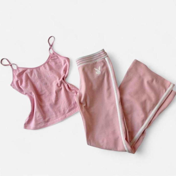 Playboy 90s Baby Pink Flare Pant Set Rhinestone Bunny Y2K Lounge