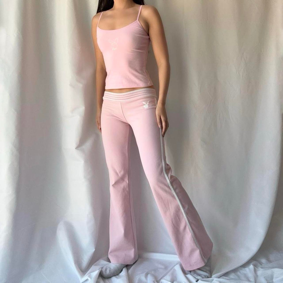 Playboy 90s Baby Pink Flare Pant Set Rhinestone Bunny Y2K Lounge