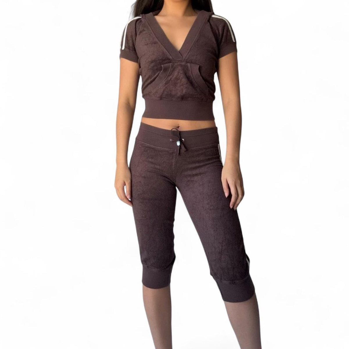 Vintage Bebe Sport Brown Velour V-Neck Crop & Capri Set