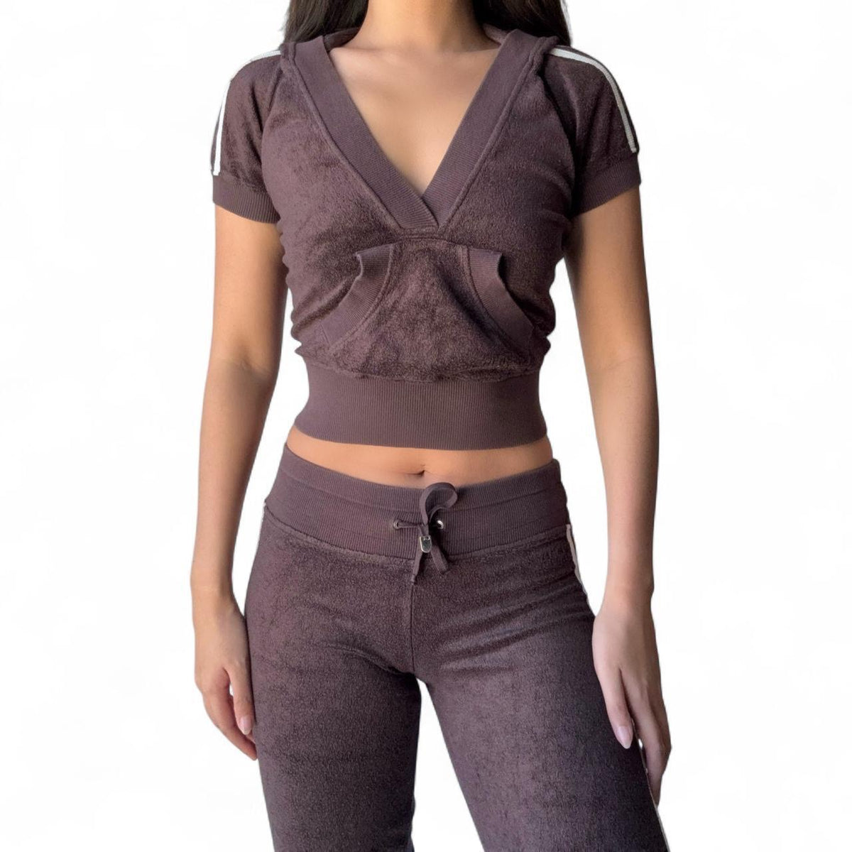 Vintage Bebe Sport Brown Velour V-Neck Crop & Capri Set