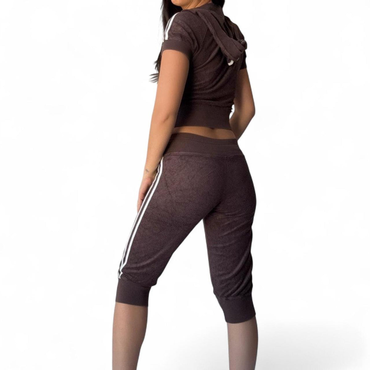 Vintage Bebe Sport Brown Velour V-Neck Crop & Capri Set