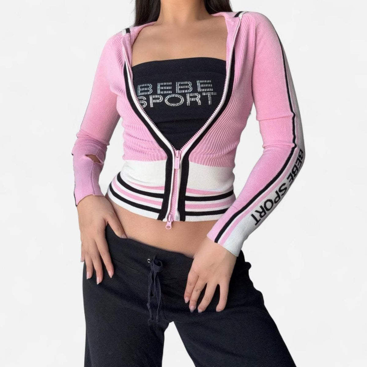 Vintage Bebe Sport Pink Logo Jacket & Black Pants Set
