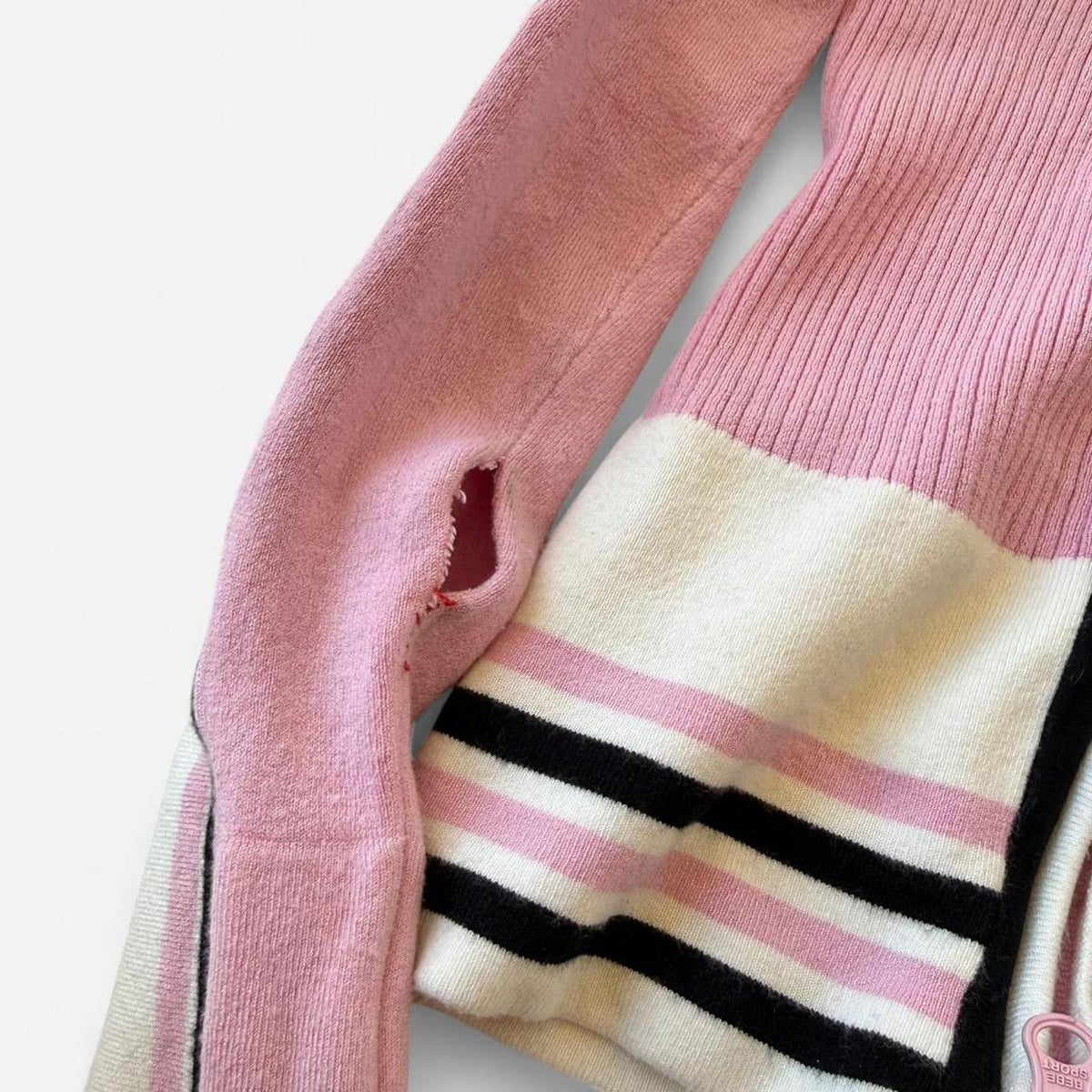 Vintage Pink, White & Black Striped Knit Cardigan