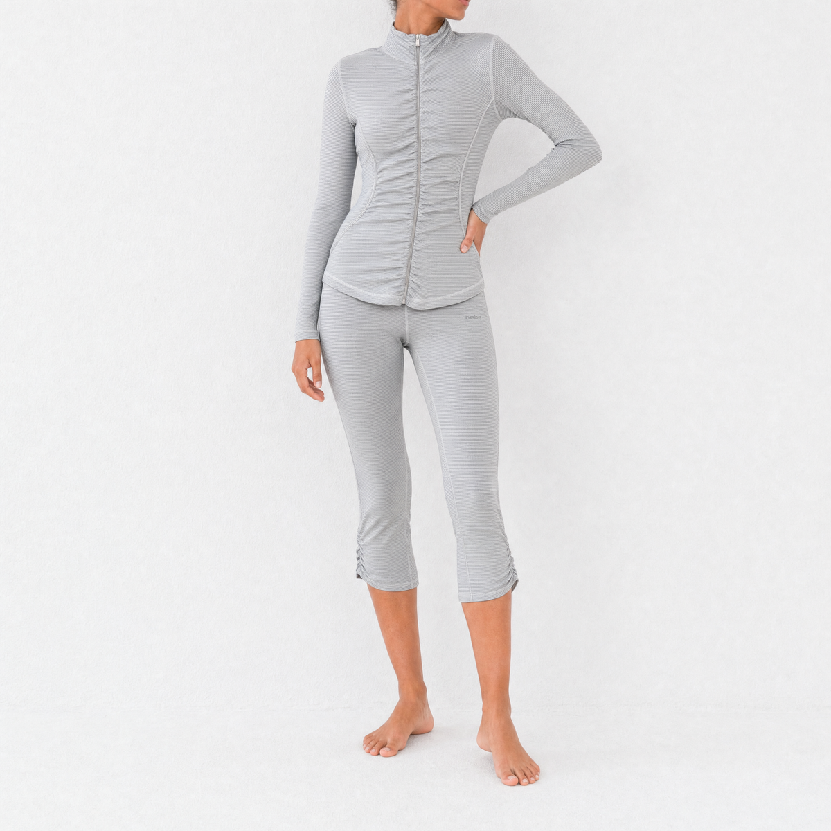 Vintage Bebe Gray Stripe Ruched Jacket + Capri Pant Set