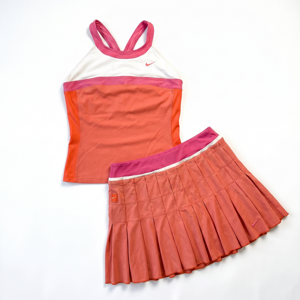 Nike Late 2000s Coral Pink and White Tank and Pleated Skort Set