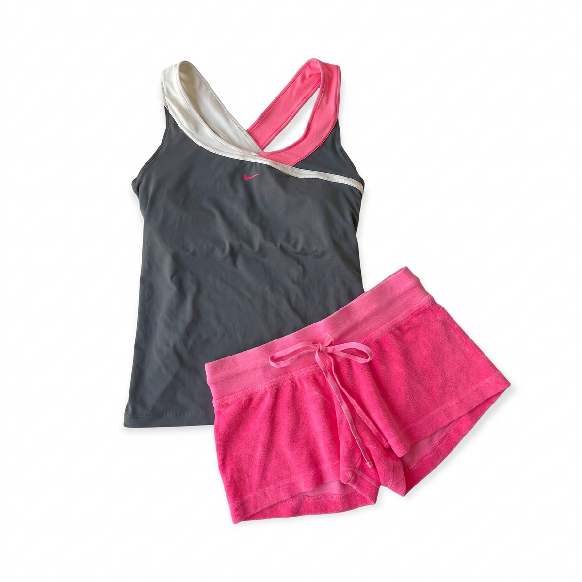Nike 2010s Gray Pink White Tank and Y2K Hardtail Velour Neon Pink Shorts